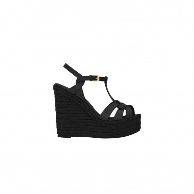YSL TRIBUTE WOVEN LEATHER ESPADRILLE WEDGE SANDALS